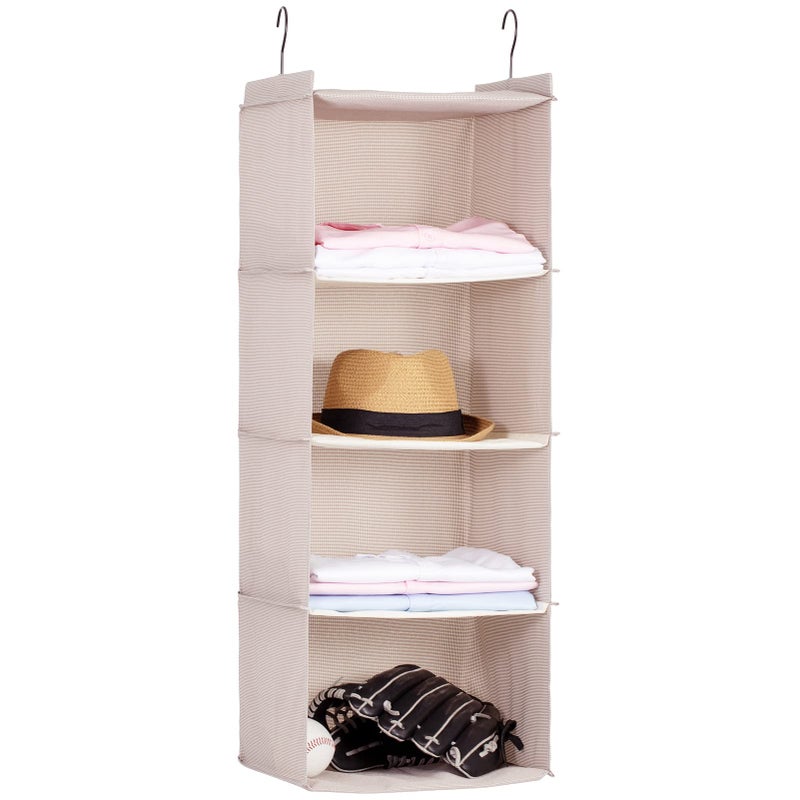 DonYeco Hanging Closet Organizer and Storage, Foldable 4-Shelf Wardrobe Clothes Shelves Organizer, Imitation Linen Fabric, Beige Houndstooth - Image 1